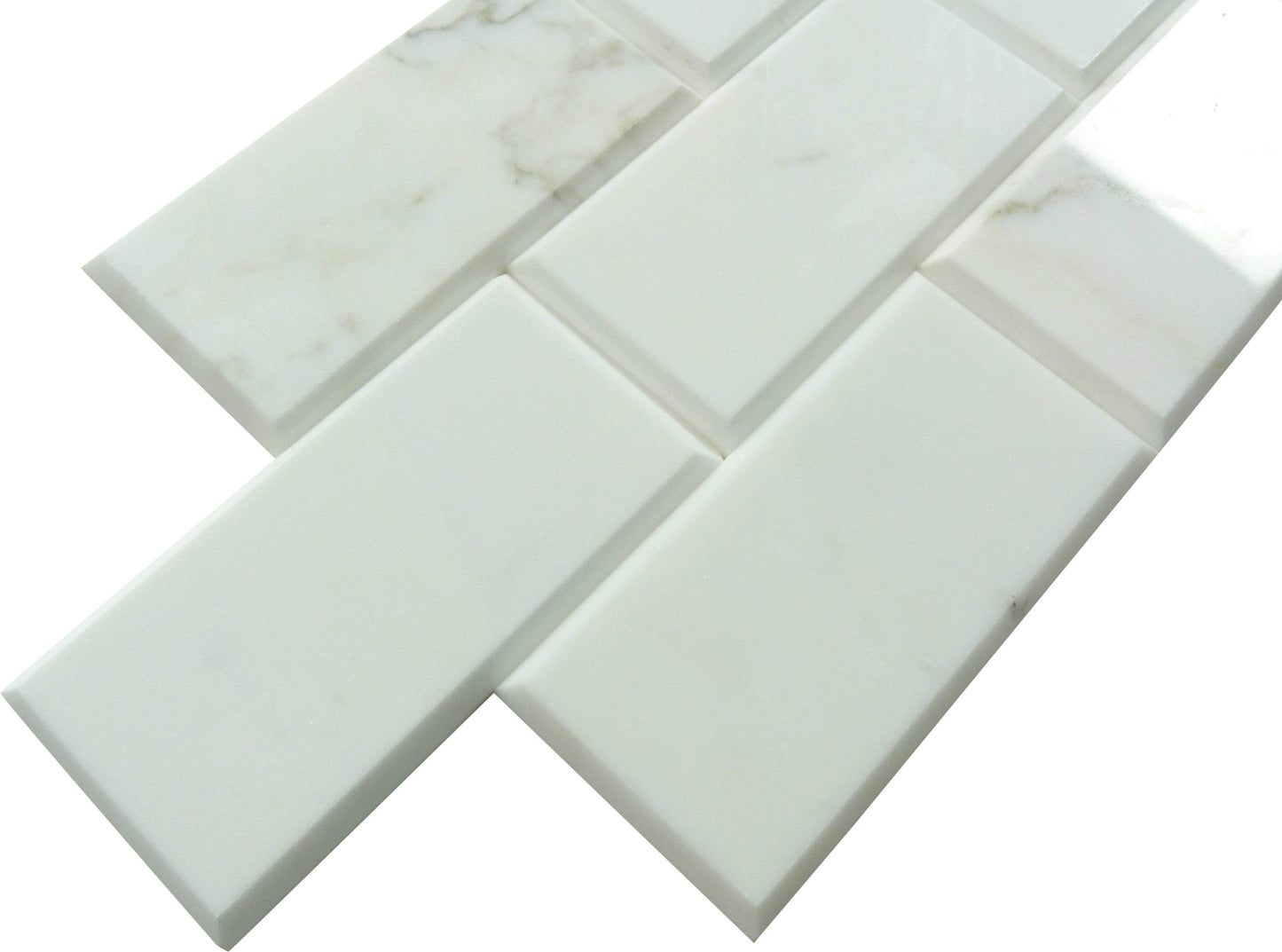 Calacatta White 3" x 6" Beveled Polished Marble Subway Tile Matrix Mosaics