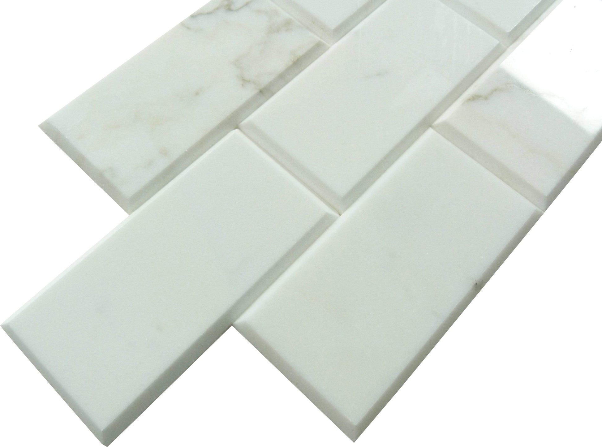 Calacatta White 3" x 6" Beveled Polished Marble Subway Tile Matrix Mosaics