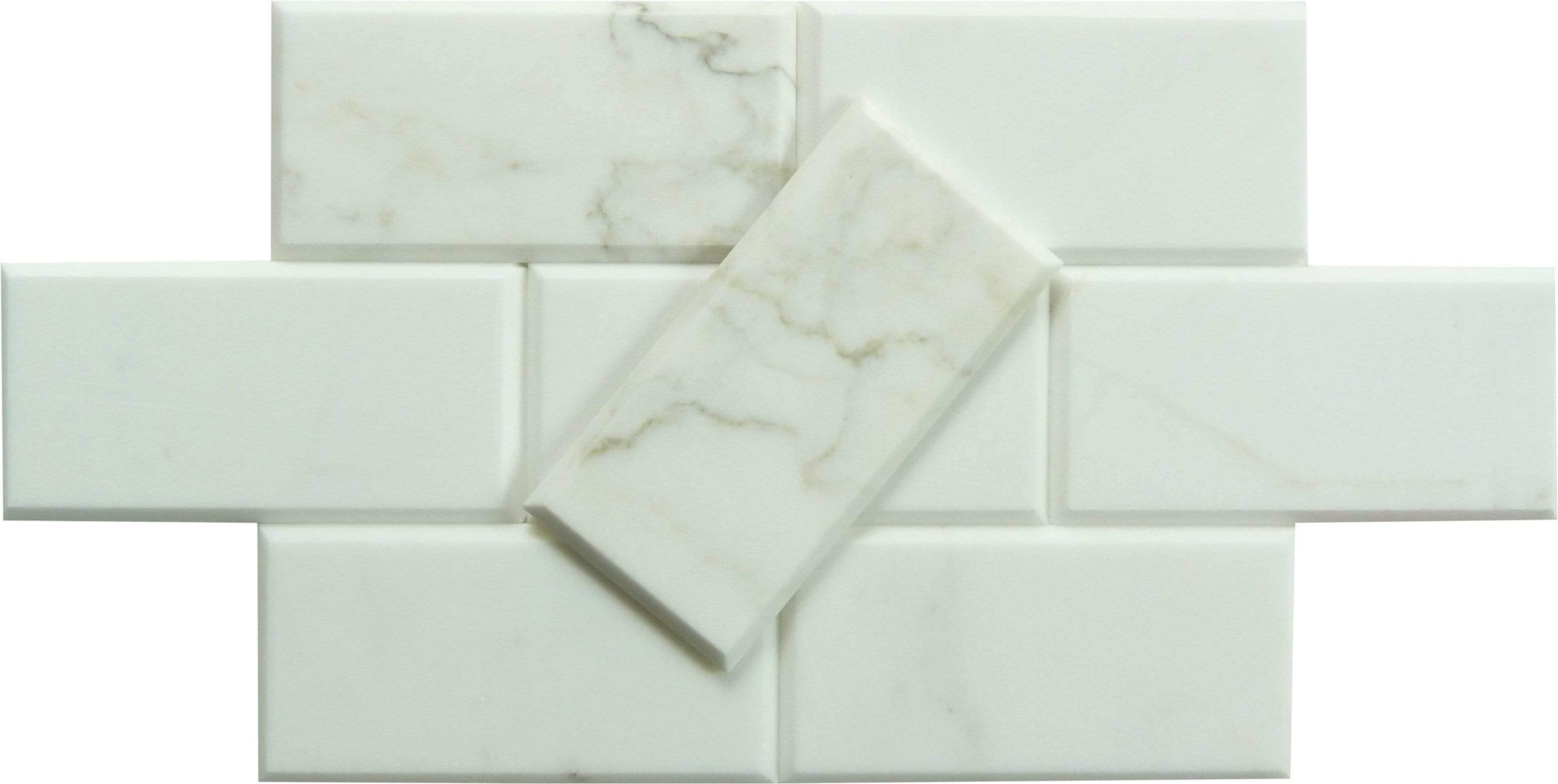 Calacatta White 3" x 6" Beveled Polished Marble Subway Tile Matrix Mosaics