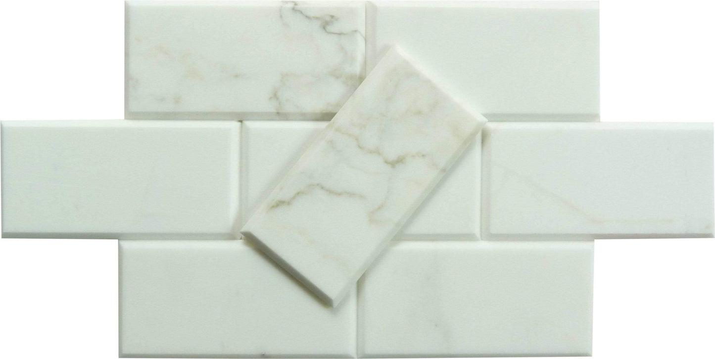 Calacatta White 3" x 6" Beveled Polished Marble Subway Tile Matrix Mosaics