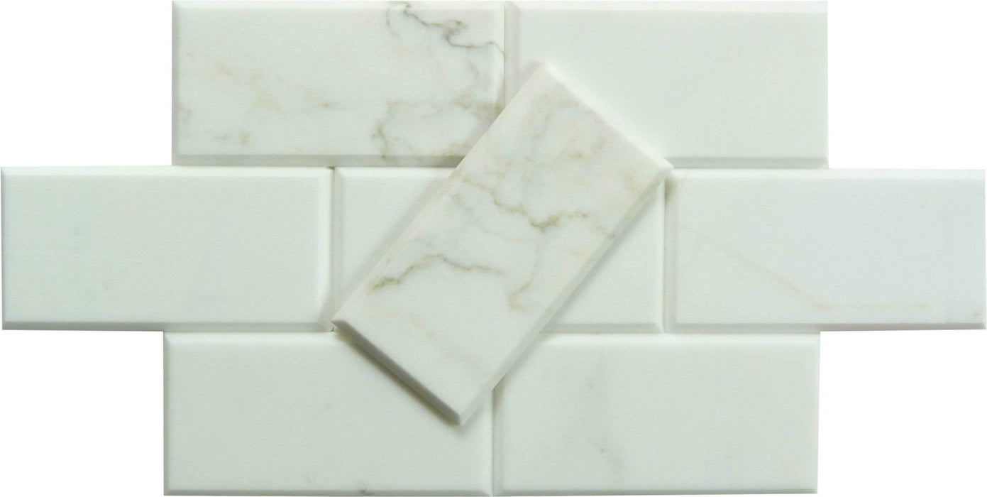 Calacatta White 3" x 6" Beveled Polished Marble Subway Tile Matrix Mosaics