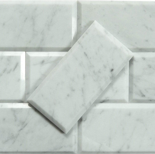 Carrara White 3" x 6" Beveled Polished Marble Subway Tile Matrix Mosaics