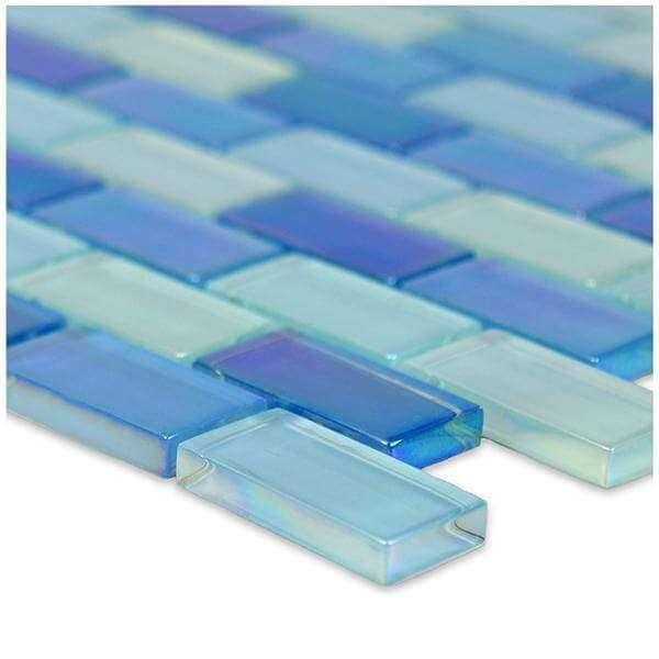 Sky Blue Blend 1" x 2" Glossy & Iridescent Glass Pool Tile Ocean Pool Mosaics