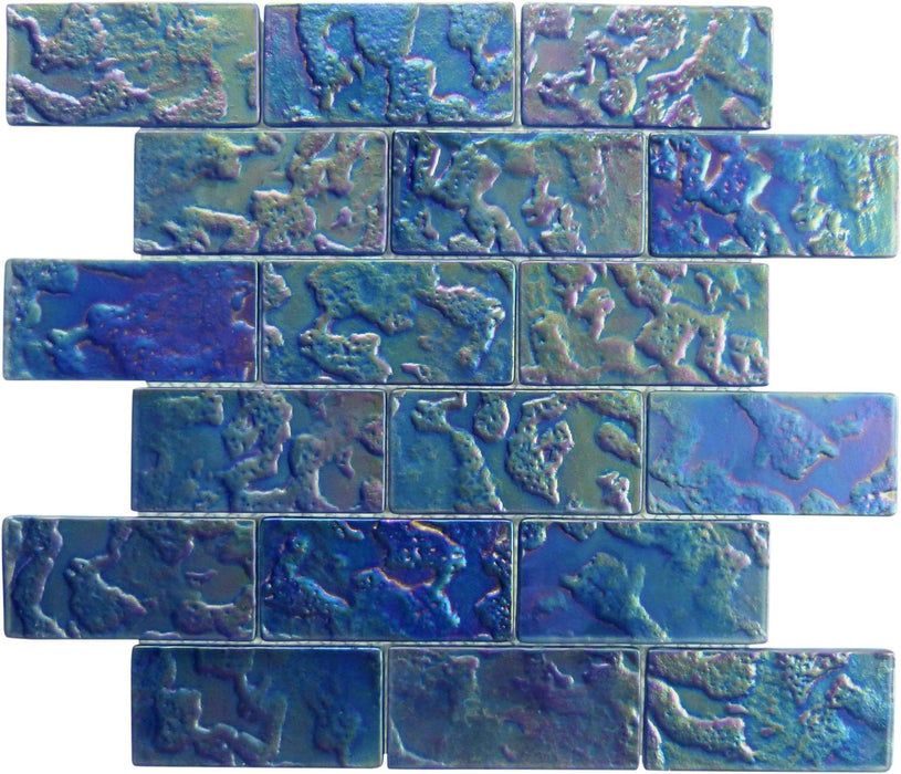 Blue Patina 2" x 4" Iridescent Rippled Frosted Glass Subway Pool Tile Ocean Pool Mosaics