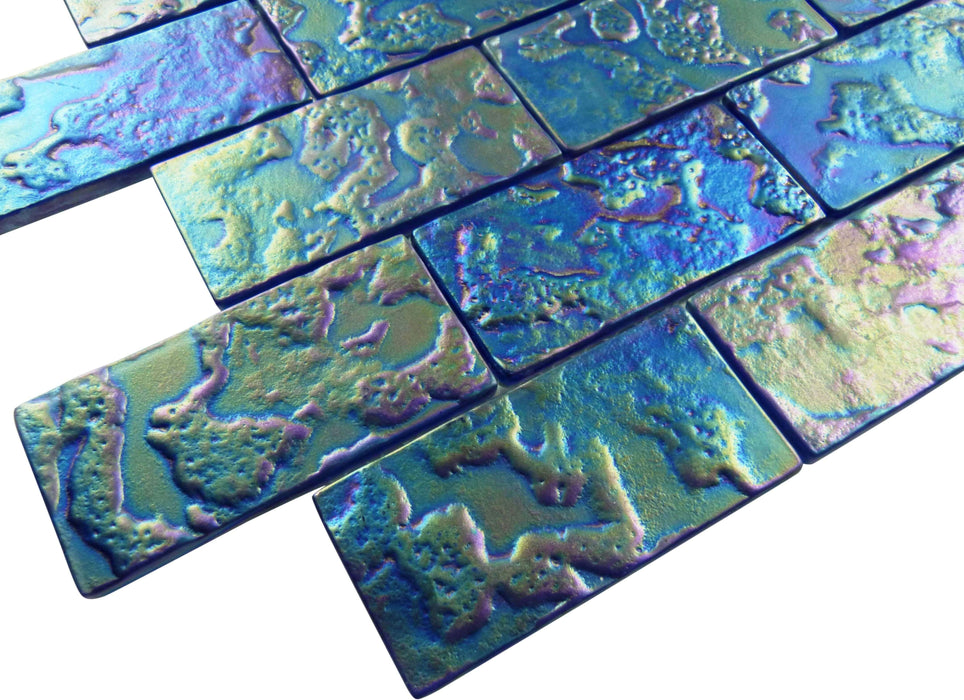 Blue Patina 2" x 4" Iridescent Rippled Frosted Glass Subway Pool Tile Ocean Pool Mosaics