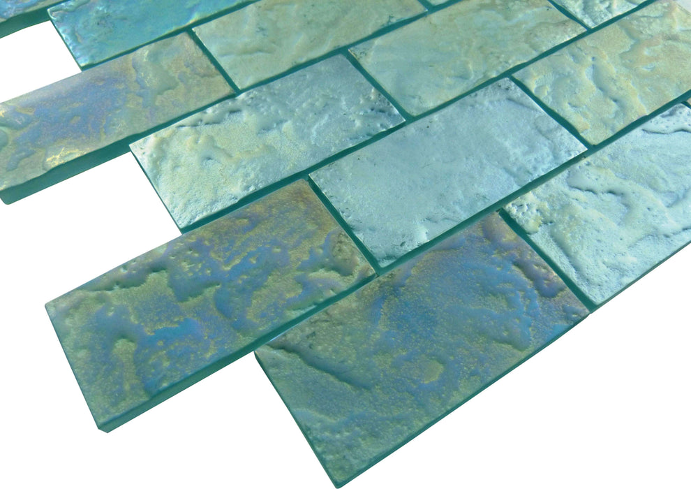 Jade Green 2" x 4" Iridescent Rippled Frosted Glass Subway Pool Tile Ocean Pool Mosaics