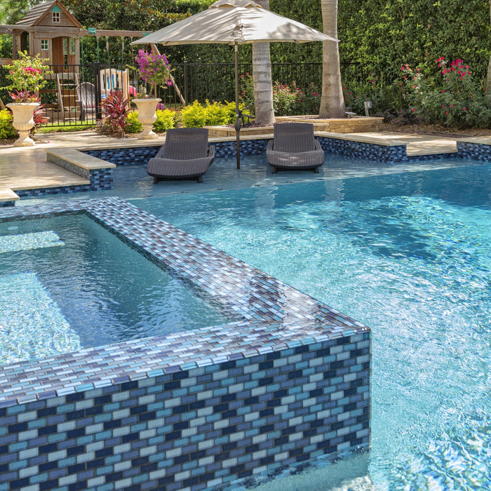 Tropical Splash Turquoise Blend 1'' x 2'' Glossy Glass Pool Tile Ocean Pool Mosaics