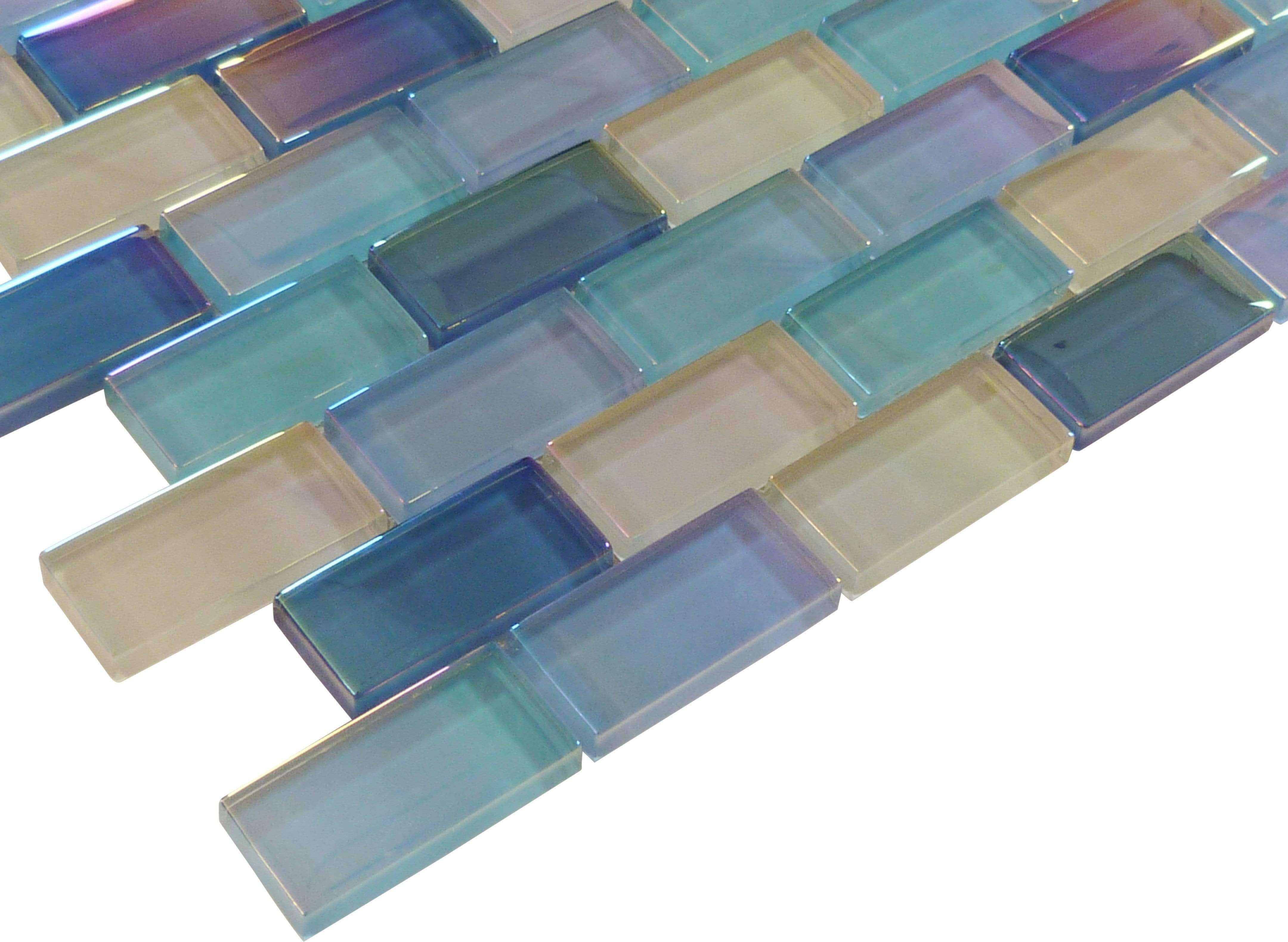 Waves 1" x 2" Aqua Glossy & Iridescent Glass Pool Tiles Royal Tile & Stone