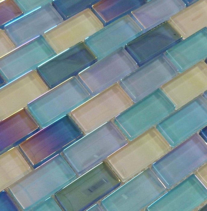 Waves 1" x 2" Aqua Glossy & Iridescent Glass Pool Tiles Royal Tile & Stone