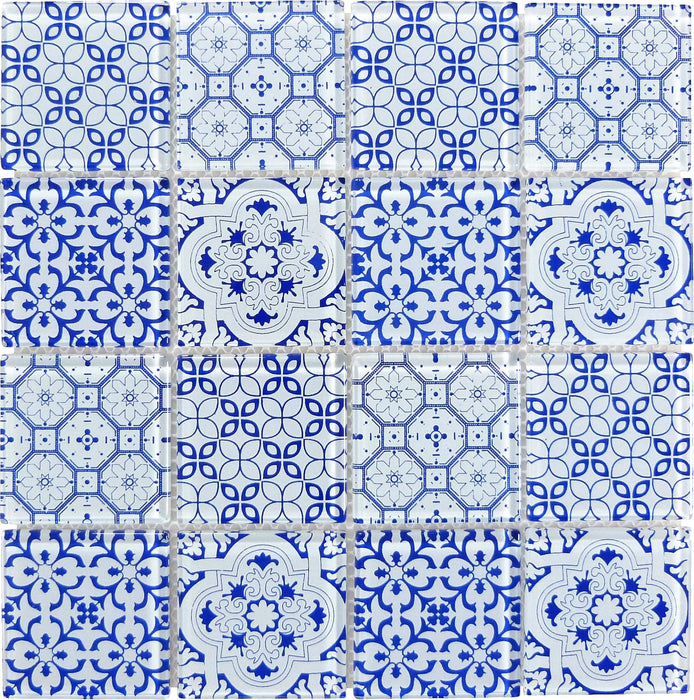 Patchwork Azul Blue 3x3 Glossy Glass Tile Royal Tile & Stone