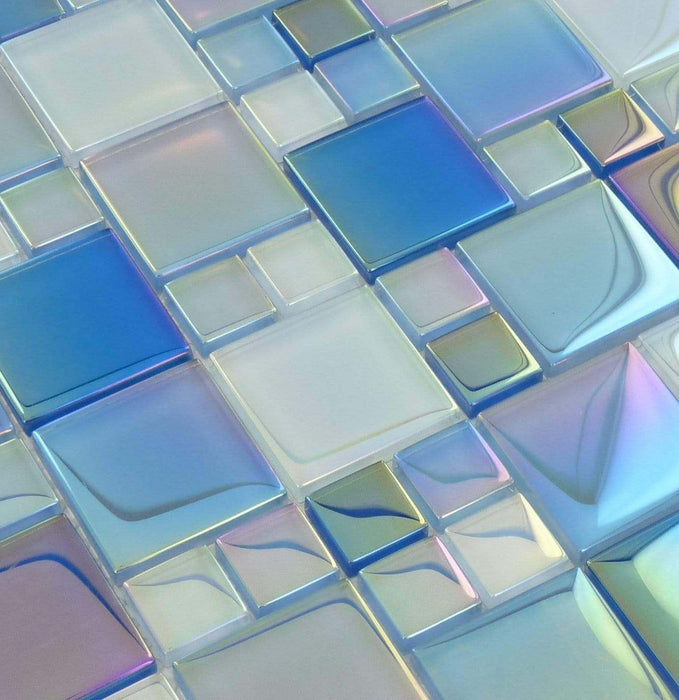 Waves Squares Aqua Glossy & Iridescent Glass Pool Tiles Royal Tile & Stone
