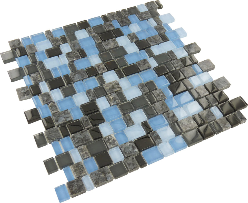 Blue Sequence Mini Random Brick Glass and Stone Tile Tuscan Glass