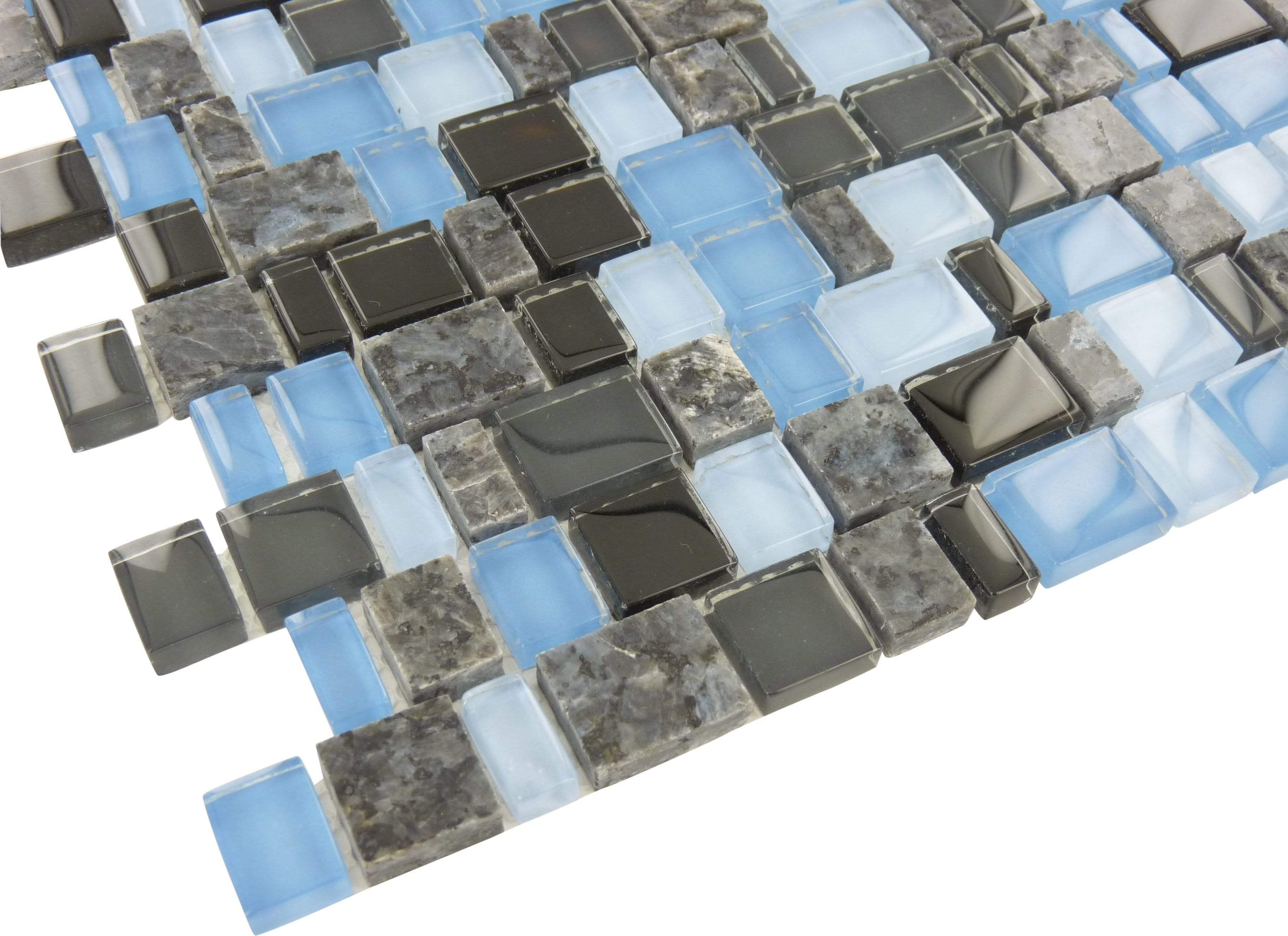 Blue Sequence Mini Random Brick Glass and Stone Tile Tuscan Glass