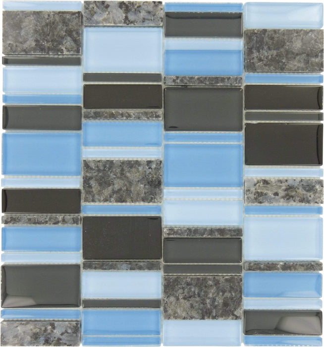 Blue Sequence Stacked Brick Glass and Stone Tile Tuscan Glass