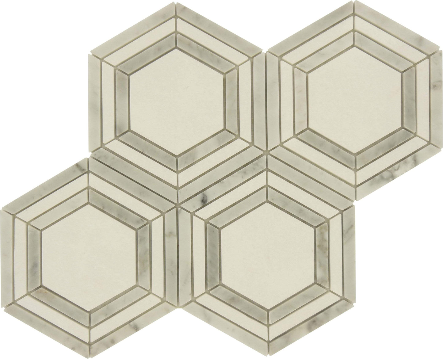 Brickstorm Hexagon White Carrara and Cream White Polished Stone Tile Tuscan Glass