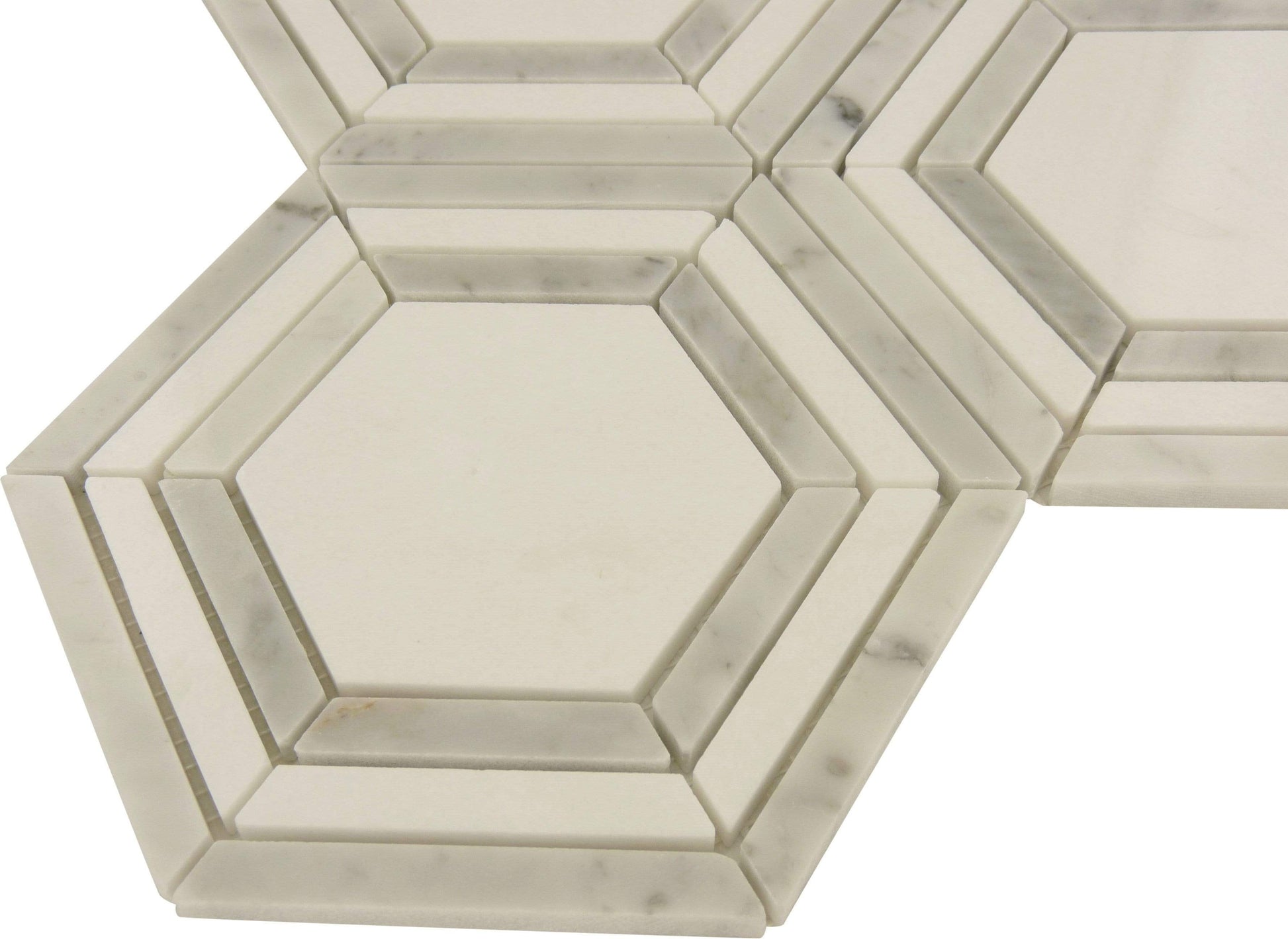 Brickstorm Hexagon White Carrara and Cream White Polished Stone Tile Tuscan Glass