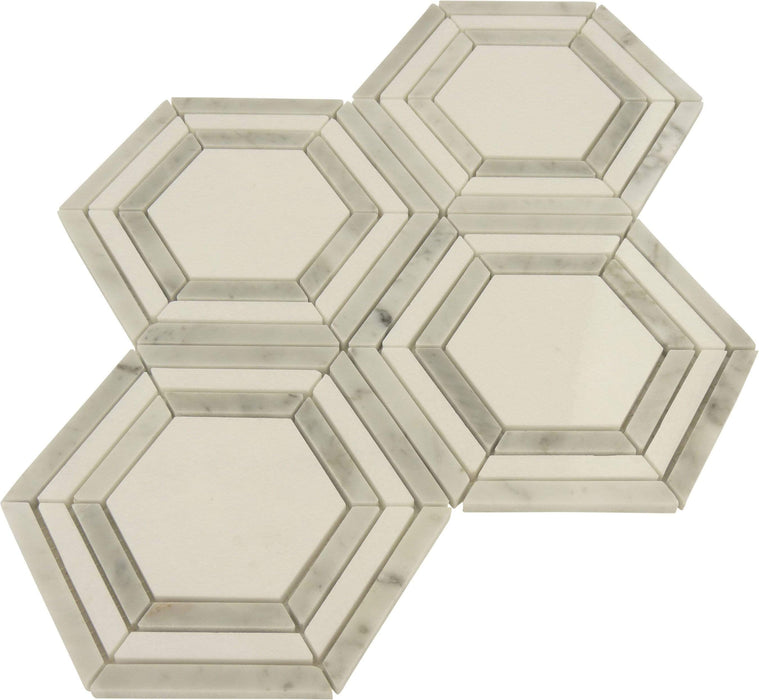 Brickstorm Hexagon White Carrara and Cream White Polished Stone Tile Tuscan Glass