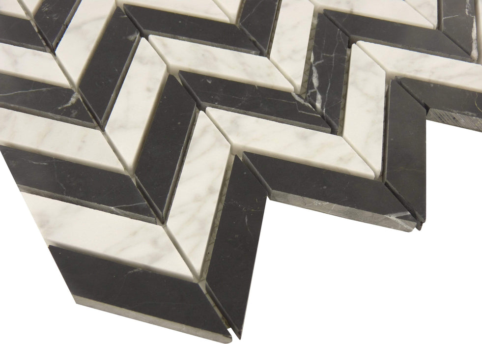 Contrast Wave Black Marquina and White Carrara Polished Stone Tile Tuscan Glass