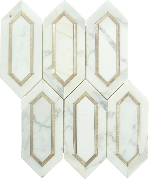 Elongated Hexagon Carrara and Gold Metal Tile Tuscan Glass
