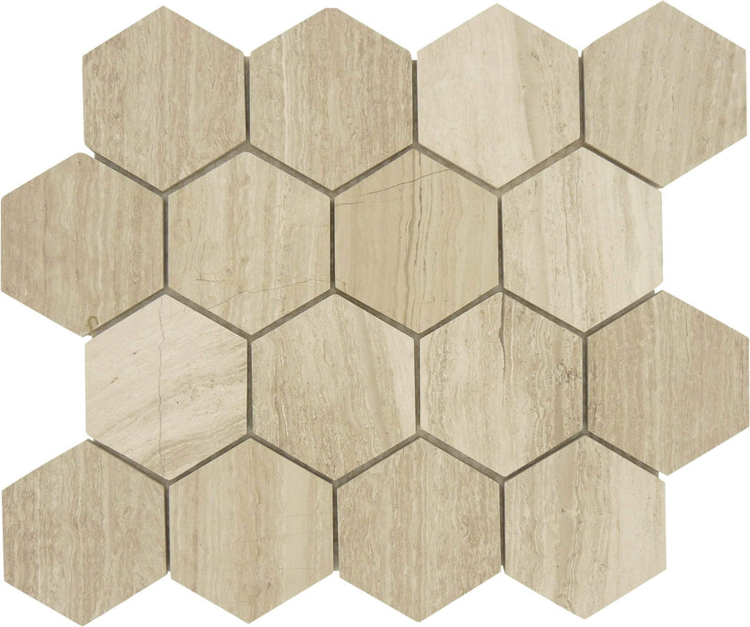 Hexagon Wooden Beige Polished Stone Tile Tuscan Glass