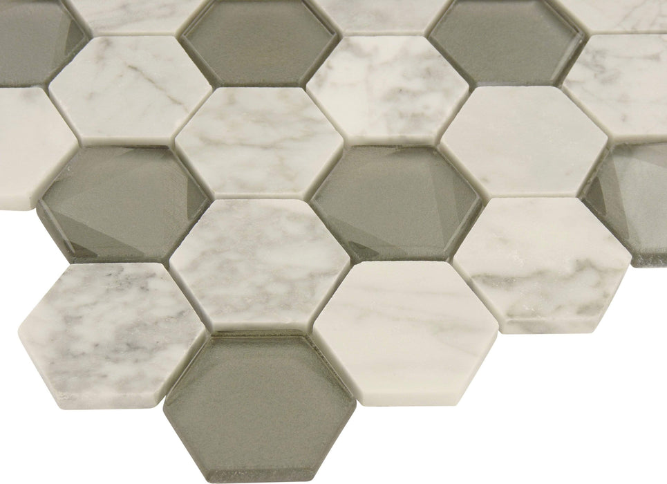 Infinity Hexagon White Carrara and Glass Tile Tuscan Glass