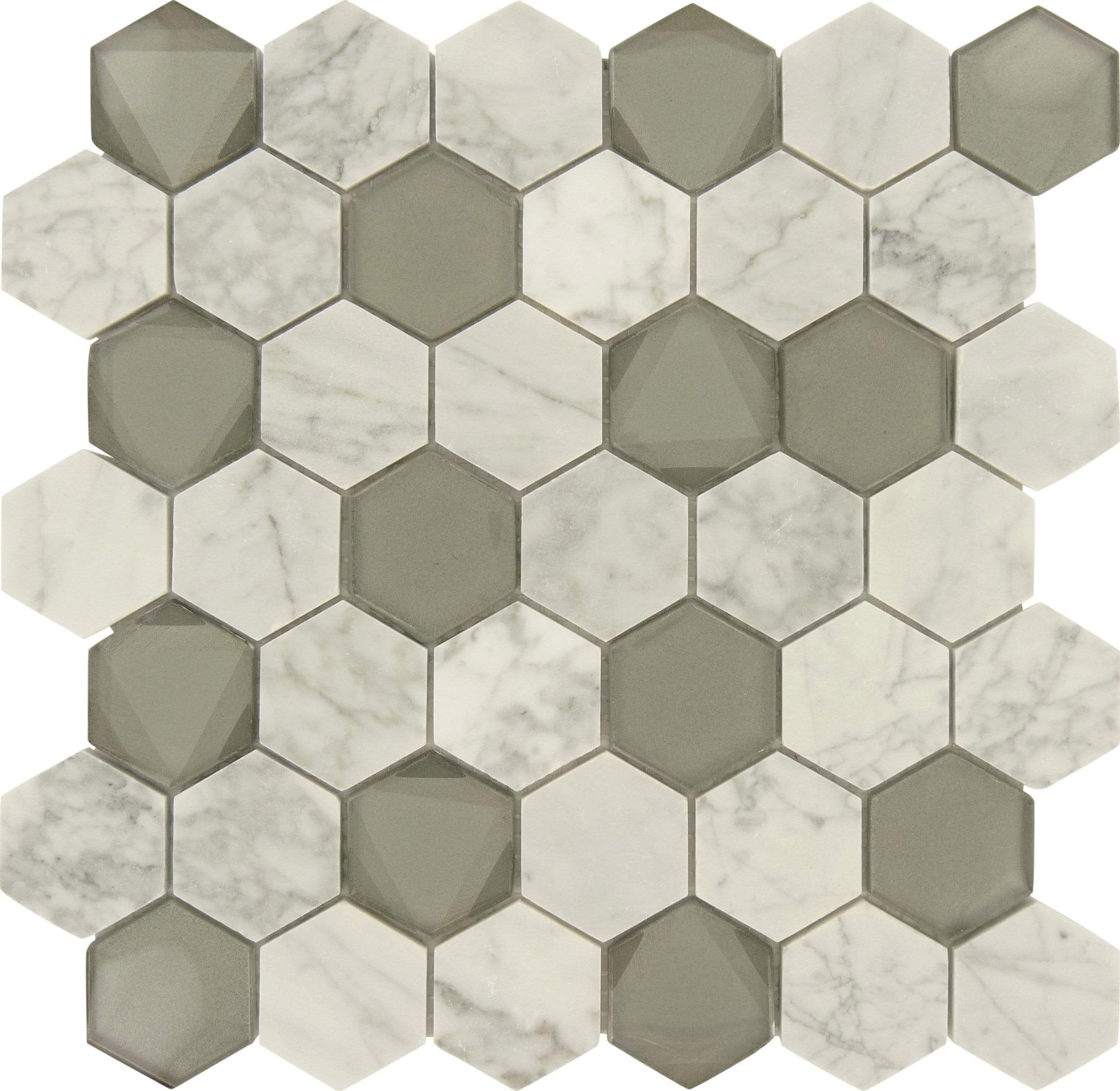 Infinity Hexagon White Carrara and Glass Tile Tuscan Glass