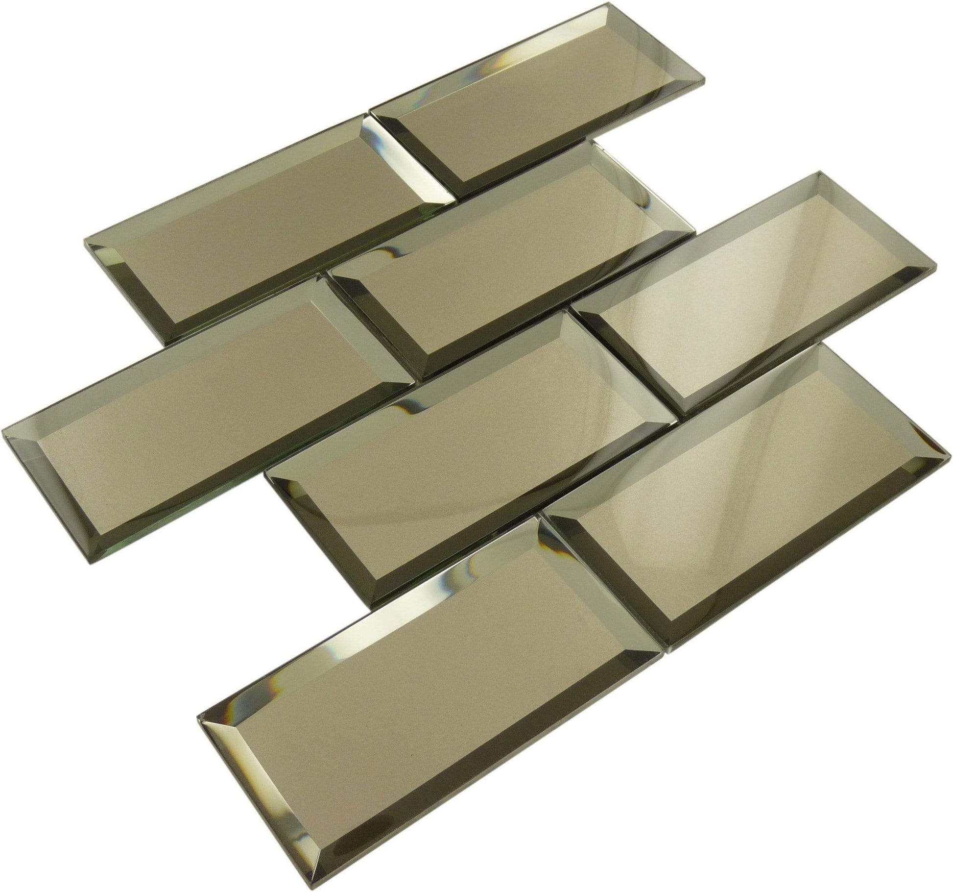 Inverted Beveled Mirror 3" x 6" Bronze Metallic Glossy Glass Subway Tile Tuscan Glass