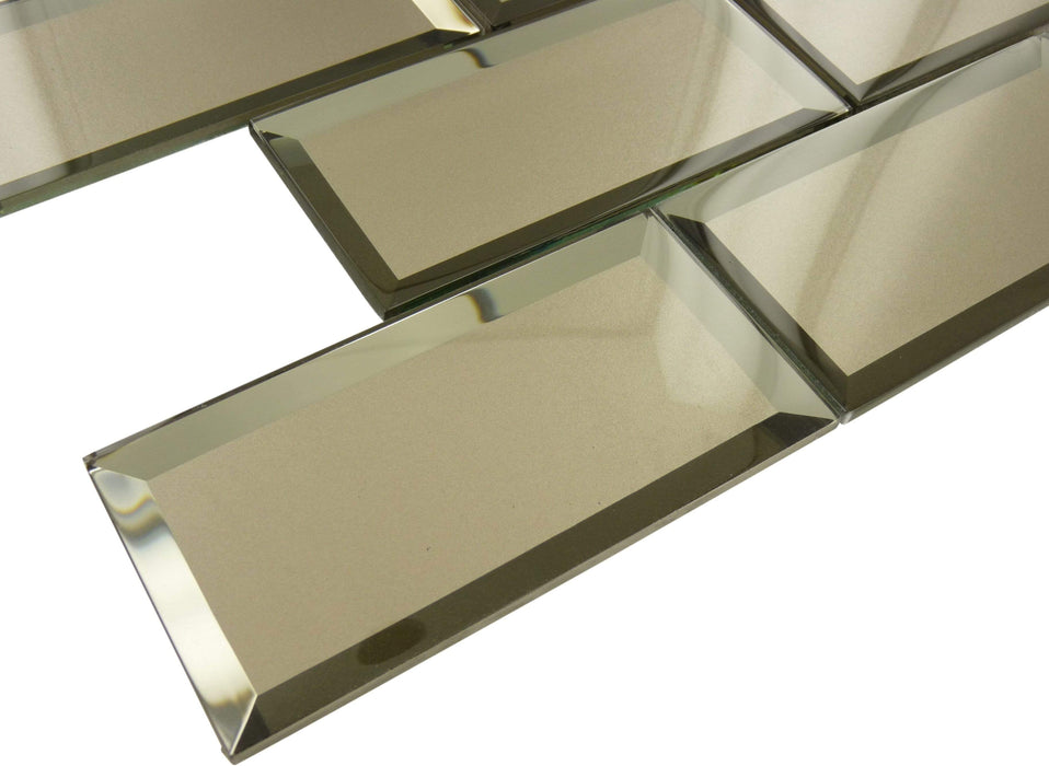 Inverted Beveled Mirror 3" x 6" Bronze Metallic Glossy Glass Subway Tile Tuscan Glass