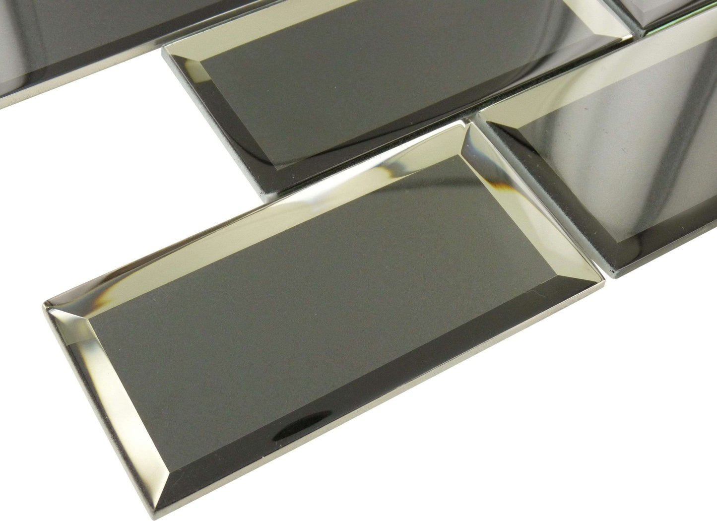 Inverted Beveled Mirror 3" x 6" Charcoal Metallic Glossy Glass Subway Tile Tuscan Glass