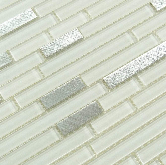 Metallic White Random Brick Glass and Metal Tile Tuscan Glass