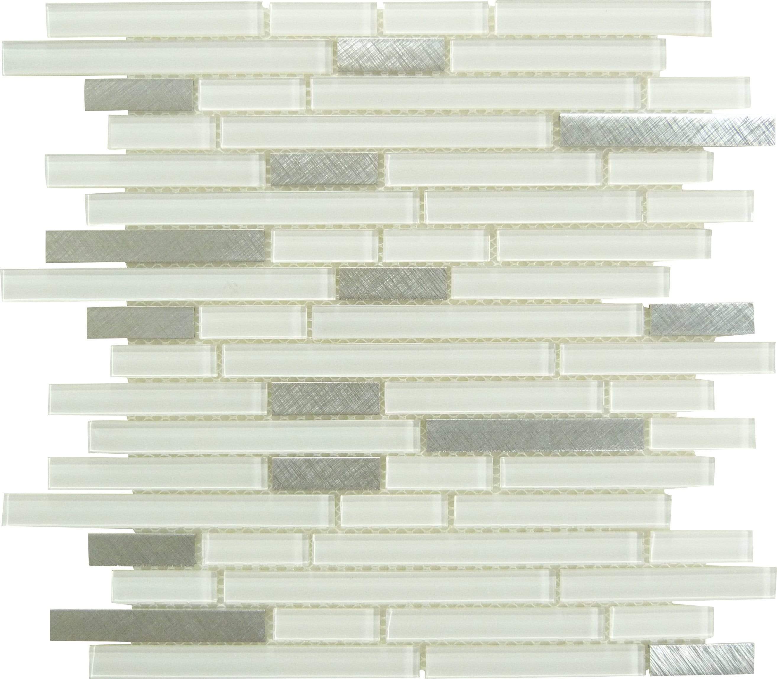 Metallic White Random Brick Glass and Metal Tile Tuscan Glass