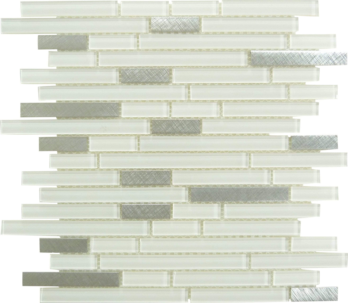 Metallic White Random Brick Glass and Metal Tile Tuscan Glass