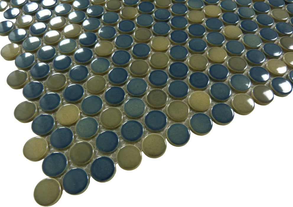 Mixed Blue Penny Circle Round Glossy Porcelain Tile Tuscan Glass