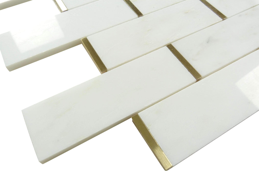 Natural Bianco White and Gold Metal Brick Subway Stone Tile Tuscan Glass