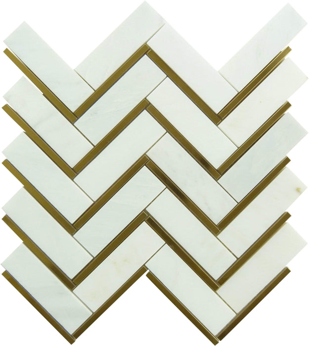 Natural Bianco White and Gold Metal Herringbone Stone Tile Tuscan Glass