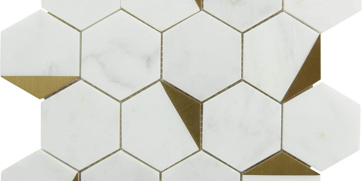 Natural Bianco White and Gold Metal Hexagon Stone Tile NBG1