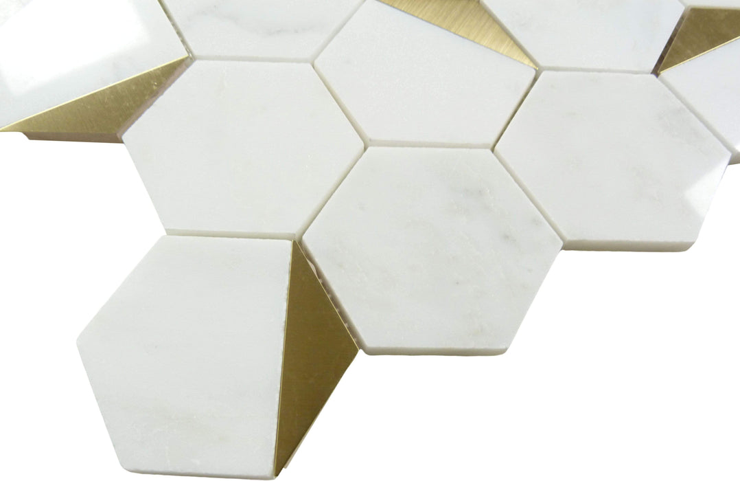 Natural Bianco White and Gold Metal Hexagon Stone Tile Tuscan Glass