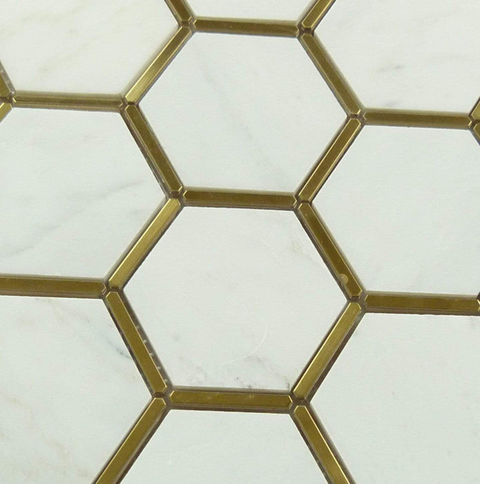 Natural Bianco White and Gold Metal Honeycomb Hexagon Stone Tile Tuscan Glass