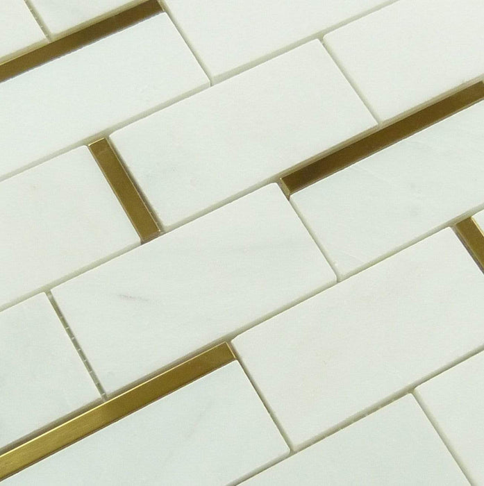 Natural Bianco White and Random Linear Gold Metal Brick Subway Stone Tile Tuscan Glass