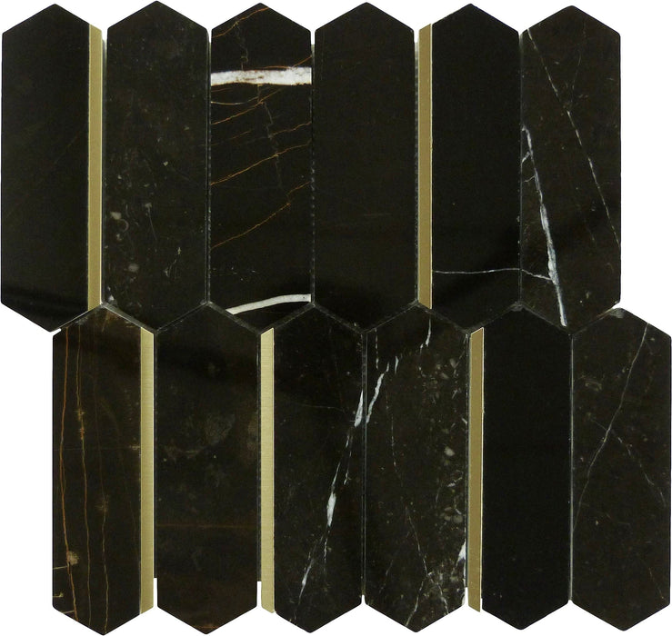 Natural Dorato Micola Black and Gold Metal Picket Hexagon Stone Tile Tuscan Glass