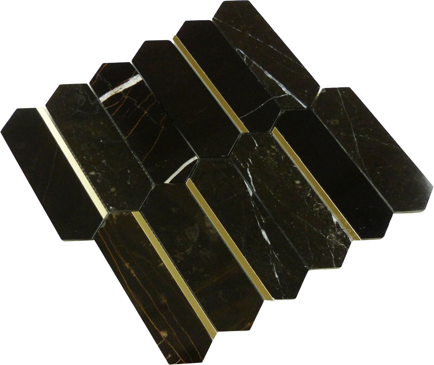 Natural Dorato Micola Black and Gold Metal Picket Hexagon Stone Tile Tuscan Glass