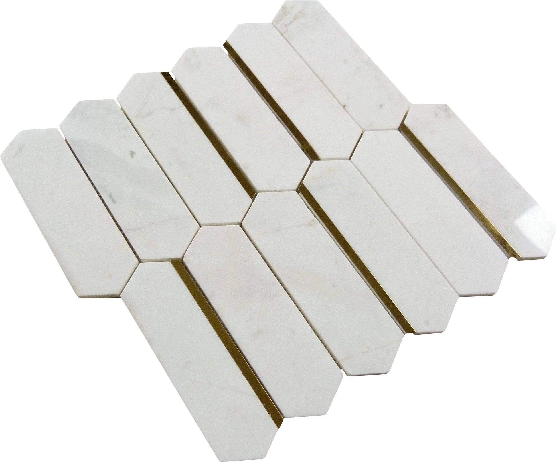 Natural Dorato Micola White and Gold Metal Picket Hexagon Stone Tile Tuscan Glass