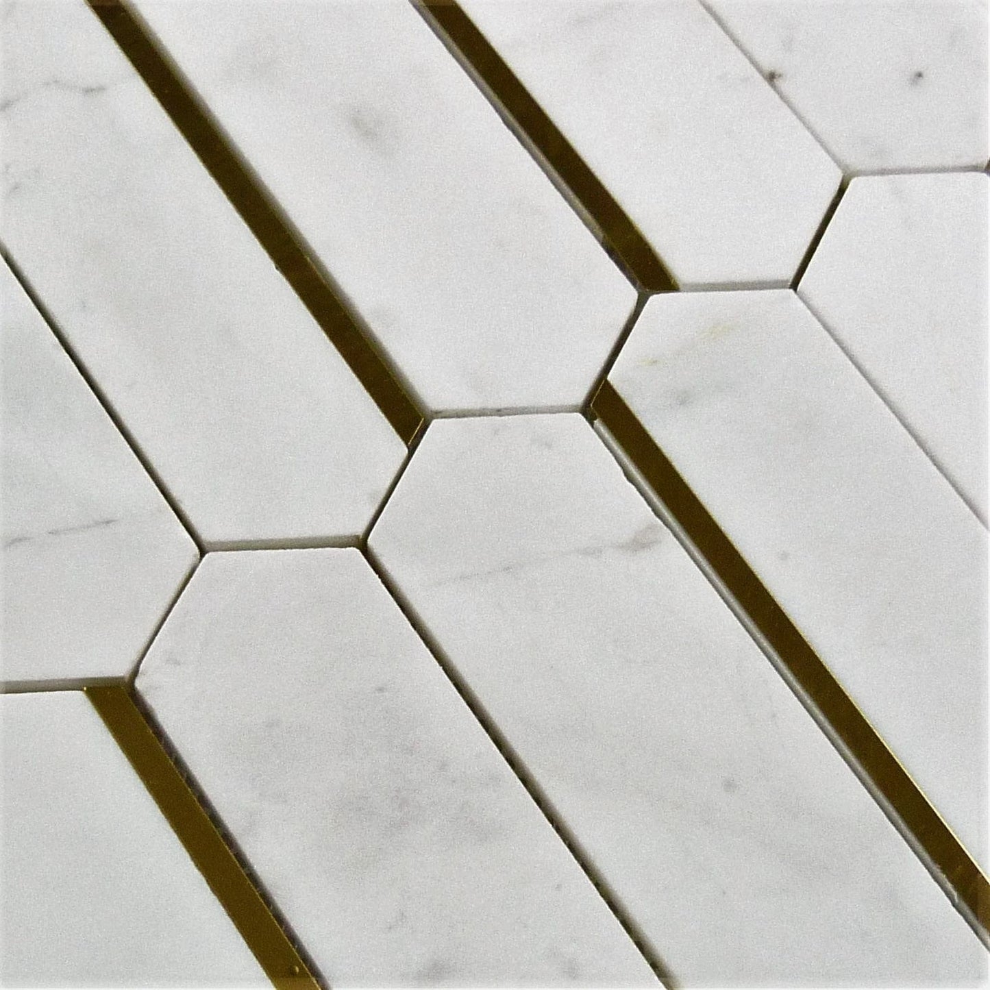 Natural Dorato Micola White and Gold Metal Picket Hexagon Stone Tile Tuscan Glass