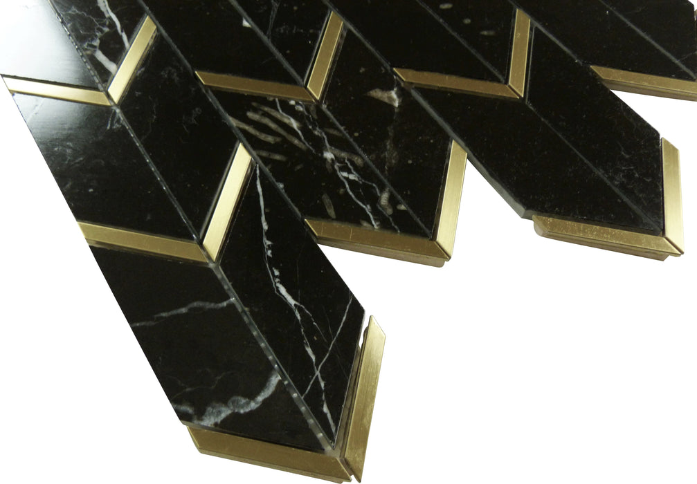 Natural Nero Black and Gold Metal Chevron Stone Tile Tuscan Glass