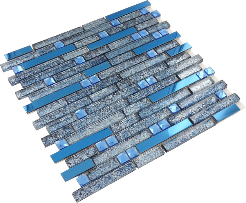 Navy Blue Random Bricks Glass and Metal Tile Tuscan Glass