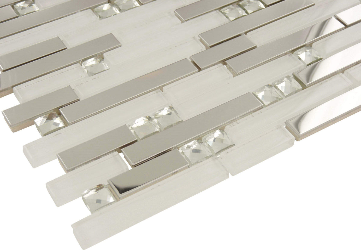 Random Bricks White Glass and Metal Random Brick Tile Glossy DSS2