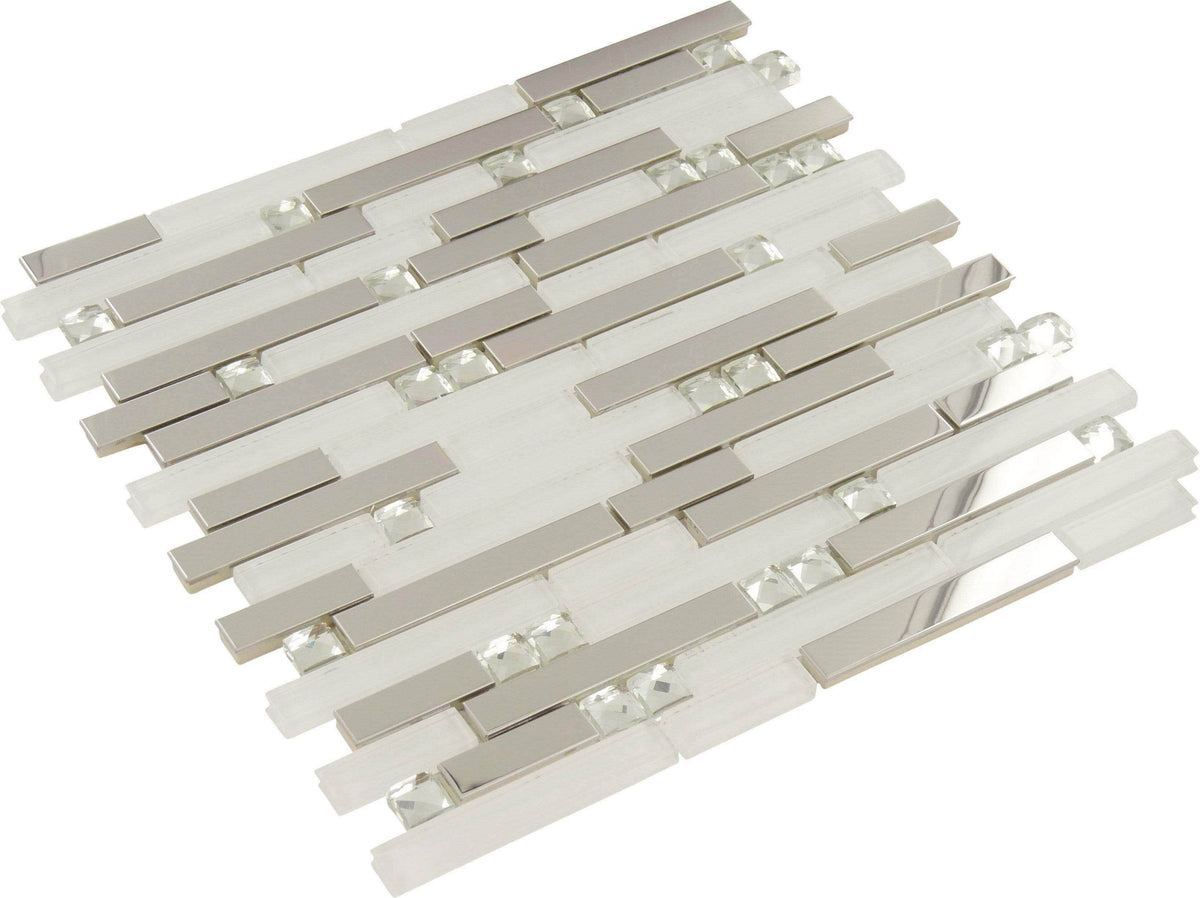 Random Bricks White Glass and Metal Random Brick Tile Glossy DSS2