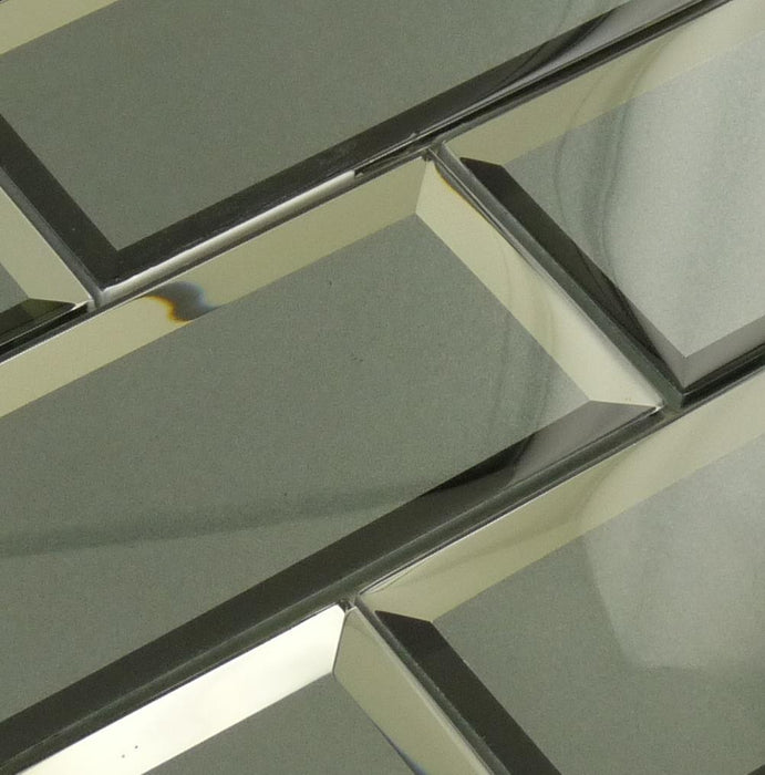 Inverted Beveled Mirror 3" x 6" Grey Metallic Glossy Glass Subway Tile Tuscan Glass