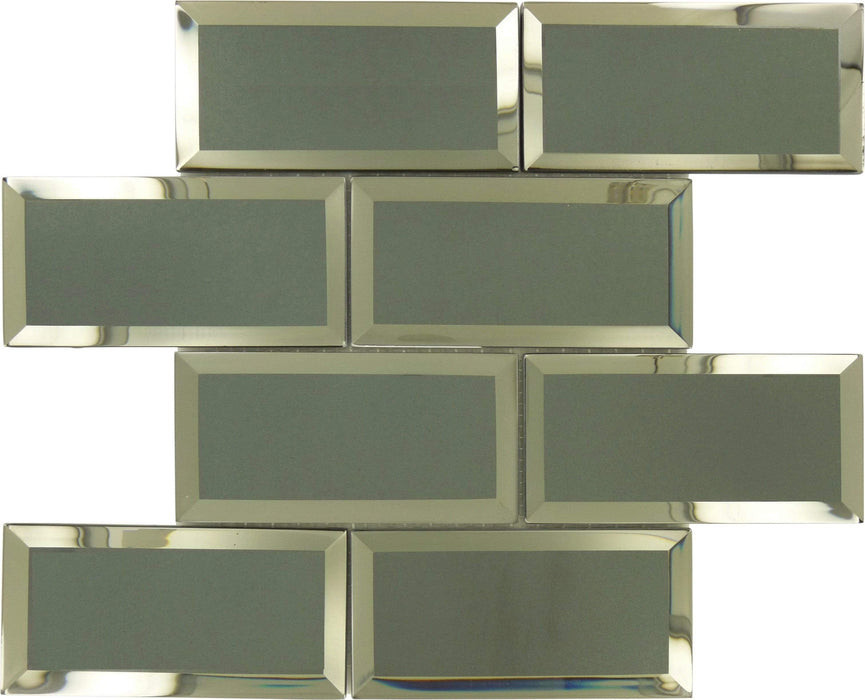 Inverted Beveled Mirror 3" x 6" Grey Metallic Glossy Glass Subway Tile Tuscan Glass