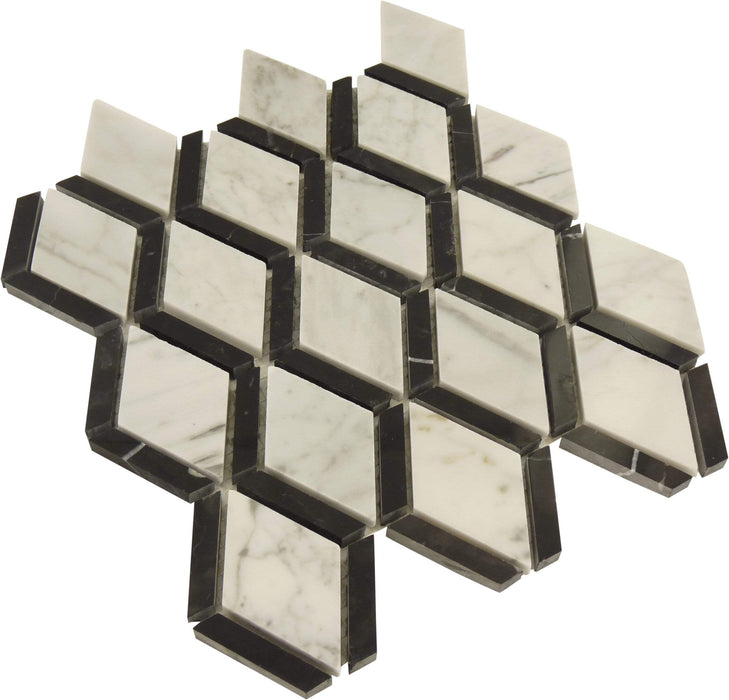 Space Grid Black Marquina and White Carrara Polished Stone Tile Tuscan Glass